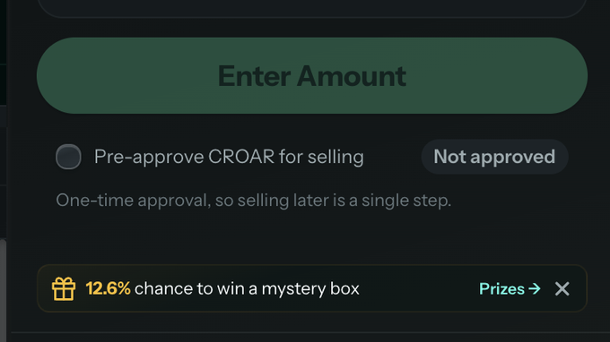 Mobile app interface with a green 'Enter Amount' button, a 'Pre-approve CROAR for selling' option marked 'Not approved', and a notification offering a '12.6% chance to win a mystery box'.