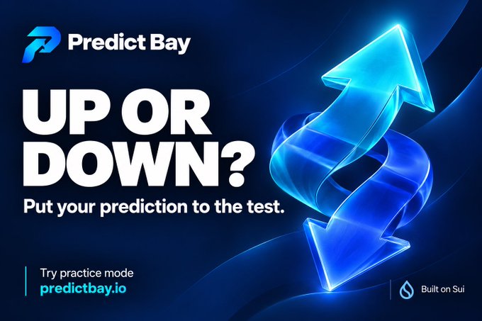 A promotional graphic for a crypto prediction platform called 'Predict Bay' with the tagline 'UP OR DOWN? Put your prediction to test,' built on Sui network.