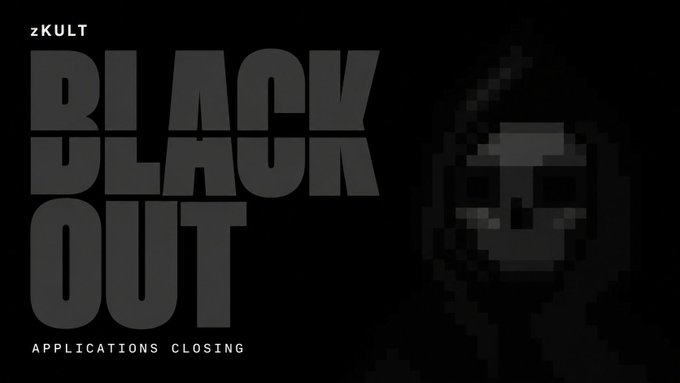 A dark promotional graphic with "zKULT BLACK BLACK OUT" text in bold gray letters and "APPLICATIONS CLOSING" at the bottom, featuring a pixelated figure wearing sunglasses on the right side.