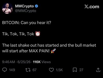 A screenshot of a tweet by MMCrypto (@MMCrypto) reads "BITCOIN: Can you hear it? Tik, Tok, Tik, Tok ⏰ The last shake out has started and the bull market will start after MAX PAIN! 🚀" with 116K views, 1.5K likes, and engagement metrics posted at 9:46AM on 6/25/26—suggesting the "two wolves" caption refers to the ticking clock of time and the predicted bull market aftermath.