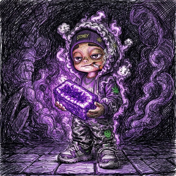 A stylized purple-tinted illustration shows a cartoon character wearing a 'STONEY' cap, smoking, and holding a glowing purple bong surrounded by smoke and small ghost figures.