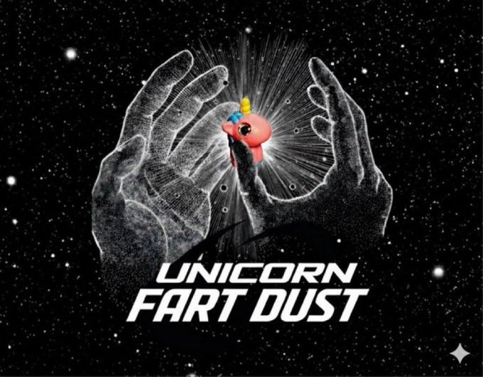 A digital artwork featuring wireframe-style hands cupping a glowing pink Among Us character wearing a unicorn horn, with the text 'UNICORN FART DUST' displayed below against a starry black background.