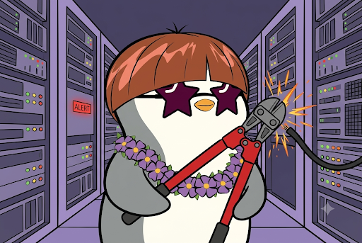 A cartoon illustration features a penguin-like character with star-shaped eyes, wearing a purple flower lei and holding red bolt cutters, standing in a server room with an 'ALERT' sign on one of the racks.
