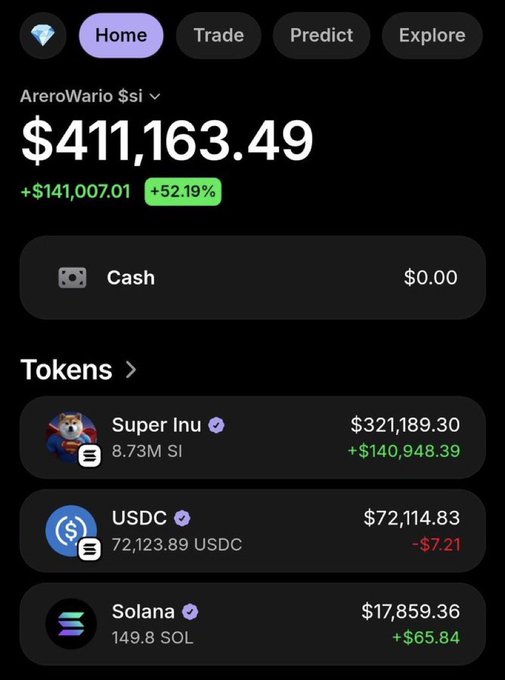 A crypto portfolio screenshot showing an AreroWario wallet holding $411,163.49 with a +52.19% gain, featuring 8.73M $SI (Super Inu) tokens valued at $321,189.30, alongside USDC and Solana holdings. The image supports the post's bullish narrative on $SI, visually demonstrating the poster's claim of holding since its 260K market cap phase by showing substantial unrealized gains of +$140,948.39 on the Super Inu position.