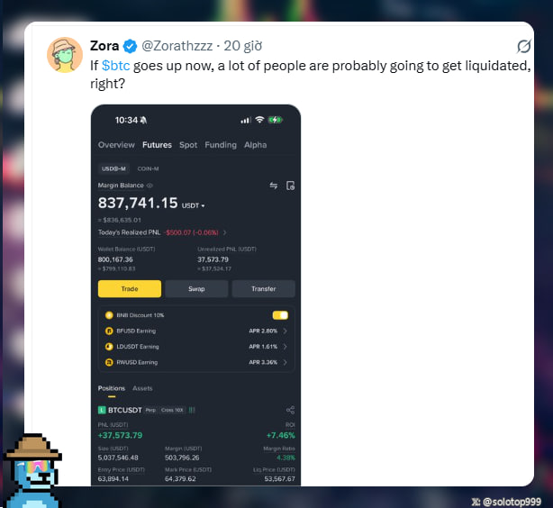 A screenshot of a tweet from Zora (@Zorathzzz) speculating that BTC longs will get liquidated if the price rises, showing his Binance futures portfolio with a $837,741.15 USDT margin balance, $37,573.79 unrealized PNL (+7.46%), and a BTCUSDT long position with an entry price of $63,894.14. The accompanying Vietnamese caption celebrates Zorathzzz's impressive trading feat of growing an account from 20k to 837k USDT in 17 days, earning around 22 billion VND.