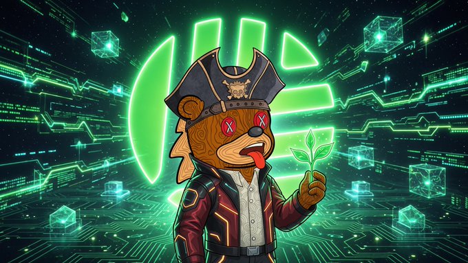 A digital art illustration of an anthropomorphic bear character dressed as a pirate with an eyepatch and X-shaped eyes, holding a small plant sprig, set against a neon green circuit-board background.