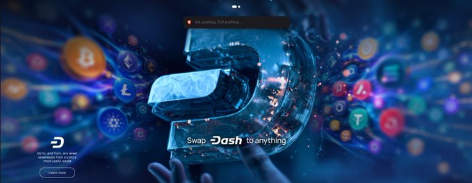 A promotional banner for Dash cryptocurrency displays a large metallic "D" logo with the tagline "Swap Dash to anything," alongside text reading "Go to, and from, any asset seamlessly from crypto to fiat and stablecoins." The image visually represents the cross-chain swap functionality mentioned in the post, highlighting the feature that allows Dash users to swap to and from any asset via partners like Maya Protocol and NEAR Intents through SwapKitPowered.