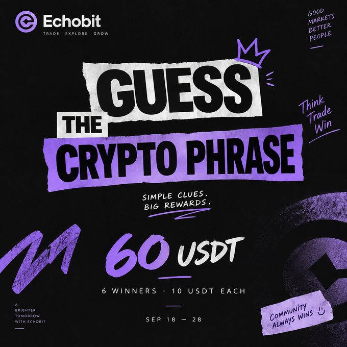A promotional graphic for Echobit's 'Guess the Crypto Phrase' contest offering 60 USDT in prizes (6 winners × 10 USDT each), running from September 18-28.
