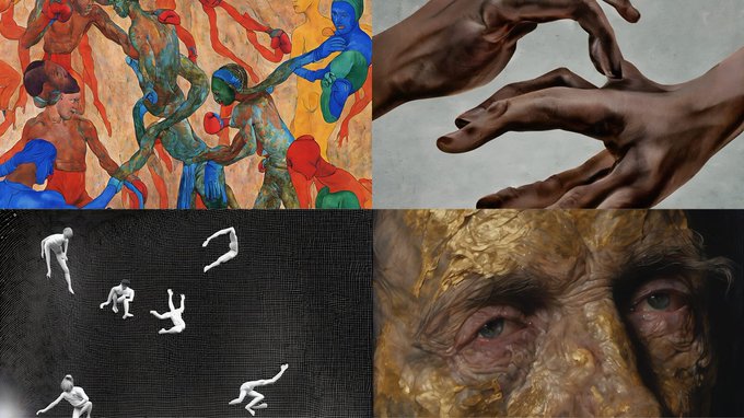 A four-panel collage of AI-generated imagery: top-left shows colorful humanoid figures in a surreal dance, top-right depicts multiple intertwined dark hands, bottom-left displays white figures on a dark textured surface, and bottom-right is a close-up of a textured face with blue eyes.