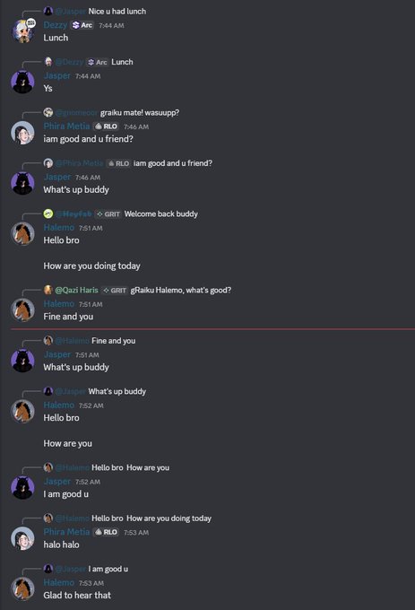 A Discord chat log showing casual greetings and farewells between users like Deezy, @Dezzy, Jaspеr, @Phira Metis, @Haystak, @Qadi Haris, and Halemo, featuring simple exchanges such as "Lunch," "Yes," "Hello bro," and "Glad to hear that." The screenshot illustrates the typical friendly, low-stakes chatter that occurs in crypto Discord communities, supporting the caption about the social interactions within these groups.