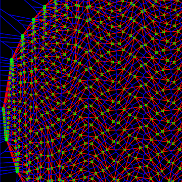 A vibrant geometric pattern of intersecting red and blue lines forms a spherical, web-like structure against a black background, with bright green nodes dotted throughout. The piece, titled "Tempered_Cells_v072526-2," exemplifies generative artistry through its precise, tessellated composition in the "Pattern's Standardization" collection on objkt.com.