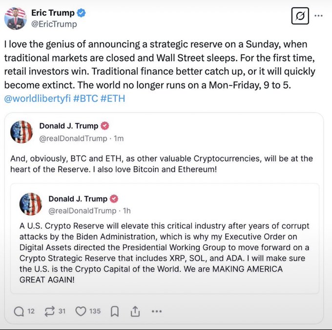 A screenshot of X posts from Eric Trump and Donald J. Trump discussing a Crypto Strategic Reserve that will include BTC, ETH, XRP, SOL, and ADA.