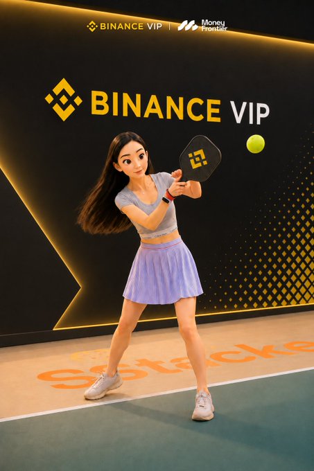 An animated character in a purple tennis outfit swings a Binance-branded paddle to hit a yellow ball in front of a "BINANCE VIP" and "Money Frontier" backdrop, fitting the post's reference to the Binance Pickleball Championship.

The accompanying text appears partially obscured, showing "Binance VIP" prominently on the wall along with "Money Frontier" branding at the top, while "Pickleball Championship" is partially visible on the floor.