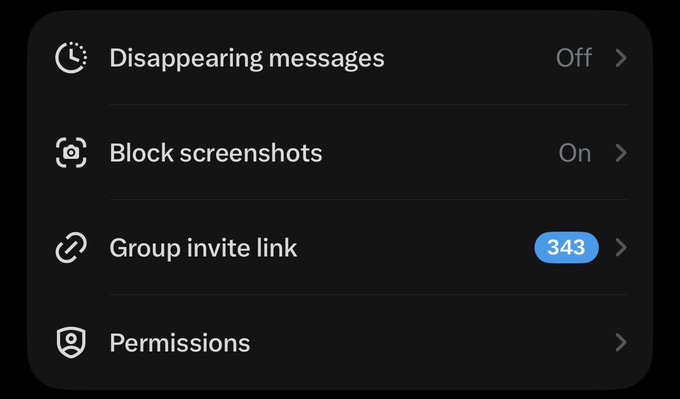 A messaging app's privacy settings menu displays options for Disappearing messages (Off), Block screenshots (On), Group invite link (showing 343 pending requests), and Permissions. The 343 pending group invite requests corroborates the post's claim about high interest in the NFT group chat.