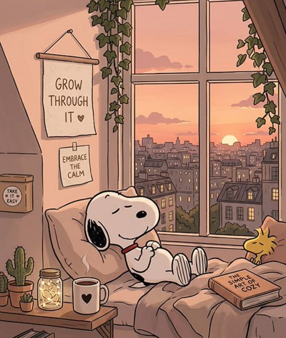 Cozy illustration of Snoopy lying on a bed by a window overlooking a city at sunset, with inspirational wall posters including 'GROW THROUGH IT' and 'EMBRACE THE CALM.'