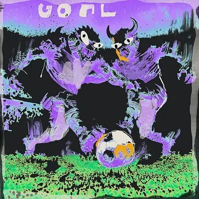 A colorful graphic illustration showing purple monster-like figures playing soccer under a 'GOAL' banner, with a ball containing an orange cat-like creature.