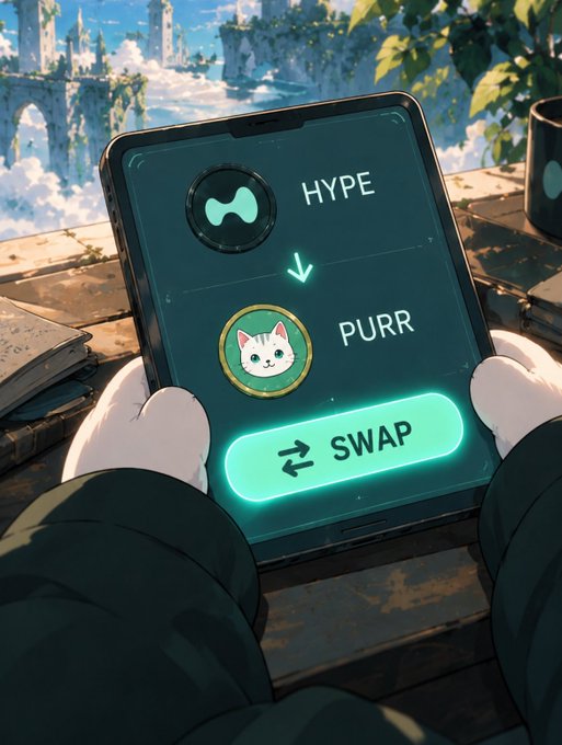 An anime-style illustration of paw-shaped hands holding a tablet displaying a crypto swap interface between 'HYPE' and 'PURR' tokens against a fantasy landscape background.