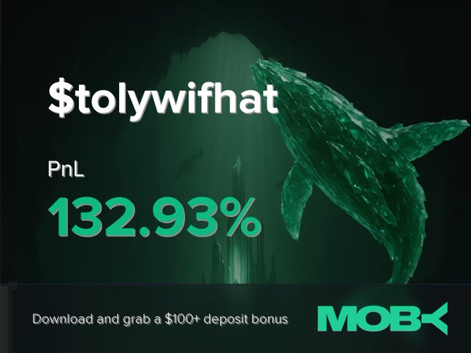 An advertisement for Moby Mobile displays a green whale graphic alongside text reading "$tolywifhat" with a PnL of "132.93%," promoting a "$100+ deposit bonus." The image visually corresponds to the post's win alert, highlighting the trader's significant profit on the $tolywifhat position.