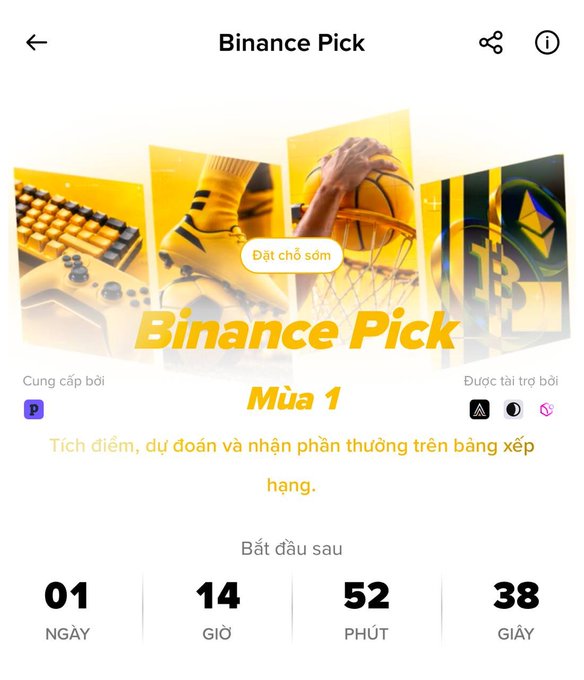 A Binance app screenshot in Vietnamese showing the 'Binance Pick' event 'Mùa 1' (Season 1) with a countdown timer of 1 day, 14 hours, 52 minutes, and 38 seconds until the event starts.