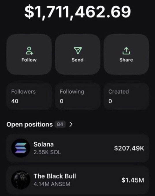 The image shows a trading portfolio displaying $1,711,462.69 in holdings, with 40 followers and 84 open positions including 2.55K Solana ($207.49K) and 4.14M ANSEM in "The Black Bull" ($1.45M). This visualizes the success of $ANSEM and $SOL investments referenced in the accompanying post, which encourages others to share their Solana addresses.