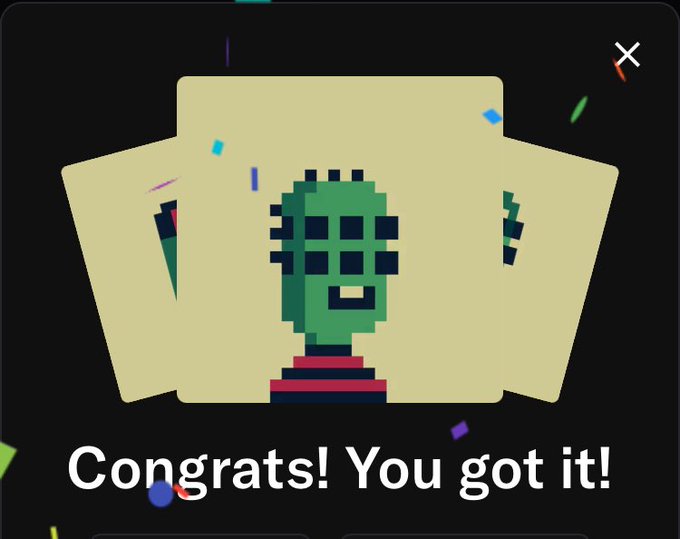 The image features an advertisement for a digital art project, with three pieces of artwork displayed against a black background. The first piece shows a green alien head, the second one depicts a green alien face, and the third one displays a green alien body. The text "Congratulations! You got it!" is written above each artwork, indicating that the viewer has successfully completed the challenge or game associated with the project.
