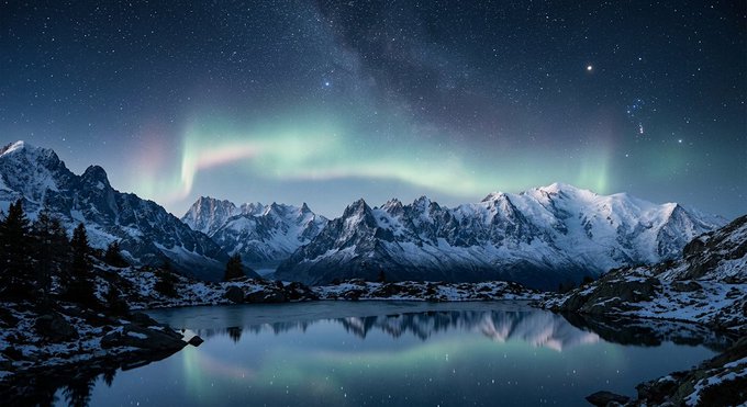 A breathtaking night scene features snow-capped mountains reflected in a still alpine lake, with the aurora borealis dancing across a star-filled sky in shades of green and purple, perfectly capturing the tranquil, restful essence of the "Good Night" message about peaceful stillness under the stars.