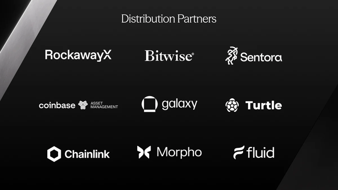 A dark-themed slide listing 'Distribution Partners' including RockawayX, Bitwise, Sentora, Coinbase Asset Management, Galaxy, Turtle, Chainlink, Morpho, and Fluid.