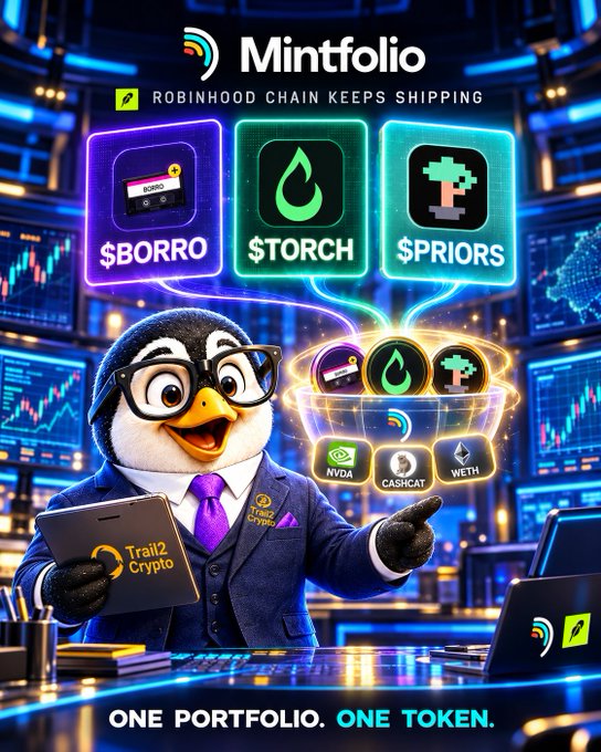 A Mintfolio promotional image featuring an animated penguin in a suit, advertising 'Robinhood Chain keeps shipping' with tokens $BORRO, $TORCH, and $PRIORS, plus NVDA, CASHCAT, and WETH.