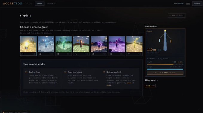 A screenshot of a web interface titled "Orbit" with the "ACCRETION" logo, showing options to "Choose a Core to grow" with numbered slots 01 through 07 and an "Active orbits" panel on the right.