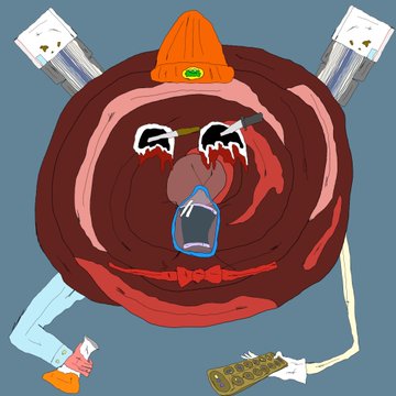 Abstract digital artwork featuring a large brown circular face with a wide-open screaming mouth, topped with an orange beanie, flanked by two white toilets, with a leg and shoe visible at the bottom against a blue background.