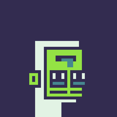 Pixel art illustration of a green face or mask on a dark blue background.