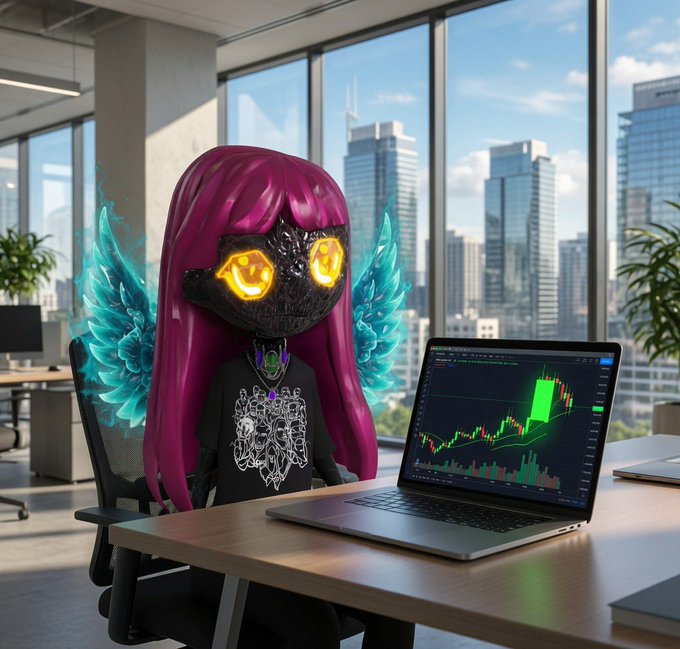 A stylized 3D character with bright pink hair, glowing orange eyes, and turquoise wings sits at an office desk with a laptop displaying a green bullish crypto trading chart, overlooking a city skyline.