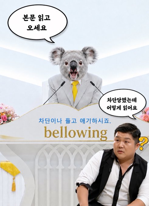 A koala-headed figure in a suit labeled "bellowing" stands at a podium, apologizing to viewers ("본문 읽고 오세요" - "Please read the main text"), while a confused man below asks "차단당했는데 어떻게 읽어요" ("I got blocked, how do I read it?"). The meme humorously illustrates the context of being blocked and unable to access original content, connecting to the post's plea to have a block lifted in order to read the full message and learn a lesson.