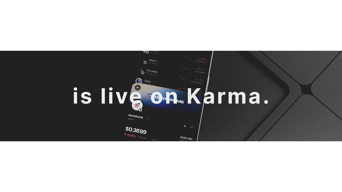 The image features a graphic with text, including white letters across a black background that reads "is live on karma." In the foreground of the image, there's an illustration or photograph of an object with a cell phone. The caption next to this photo says, "Trade @base with your Solana wallet. Buy ETH, cbBTC, or anything else on Base, sell it back to USDC, and spend the proceeds without ever switching wallets." This suggests that viewers are encouraged to engage in cryptocurrency trading using their existing Ethereum wallet, transferring funds between digital assets like Ether or Bitcoin for other cryptocurrencies such as ETH, CBTC, or any other option.