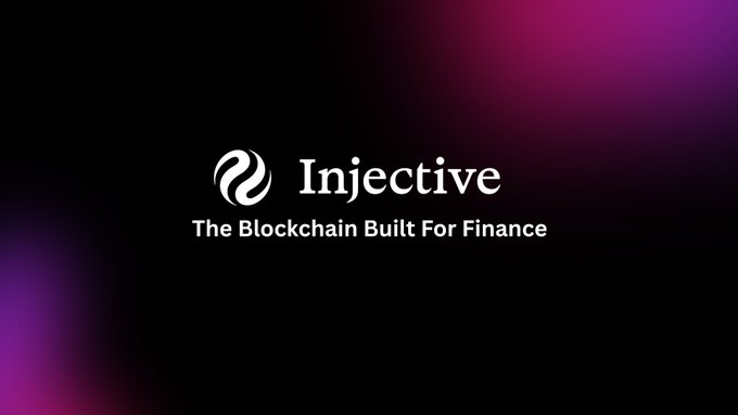 Injective logo display with tagline 'The Blockchain Built For Finance' set against a dark gradient background with pink and purple accents.