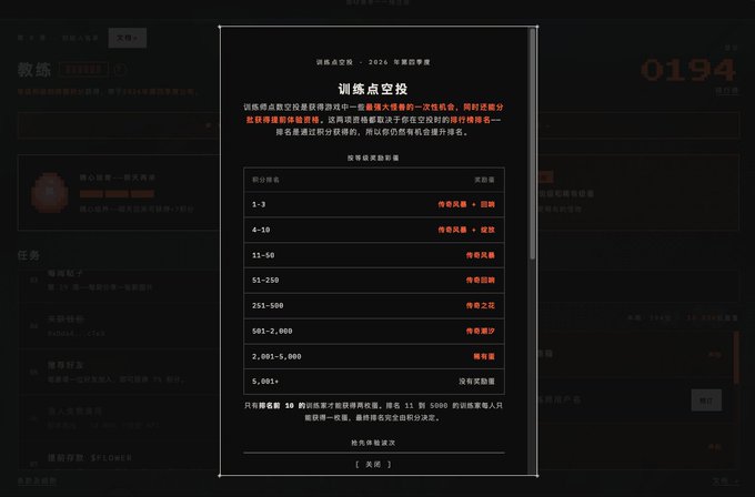 A Chinese user interface displaying '训练点空投' (Training Points Drop) rules for the game '三角洲行动' (Delta Force), detailing score rewards.