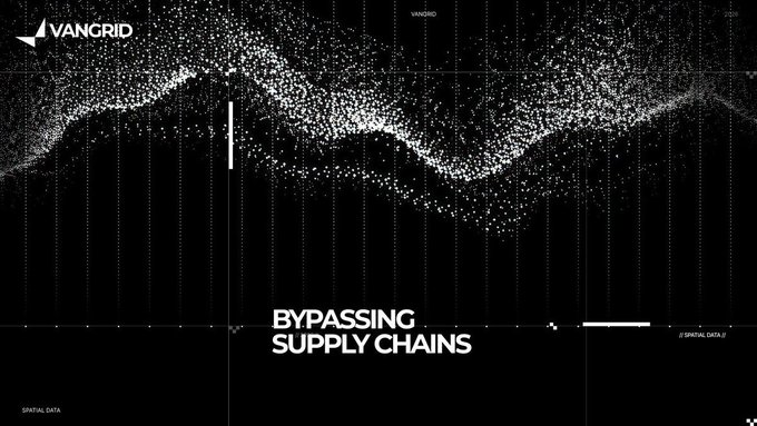 Dark, abstract digital graphic with 'VANGRID' logo and the text 'BYPASSING SUPPLY CHAINS' alongside particle wave visualizations and spatial data markings.