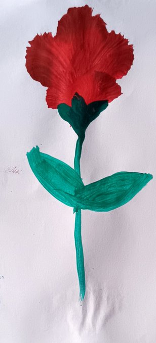 A hand-painted artwork of a red flower with green leaves and stem on a white paper background.