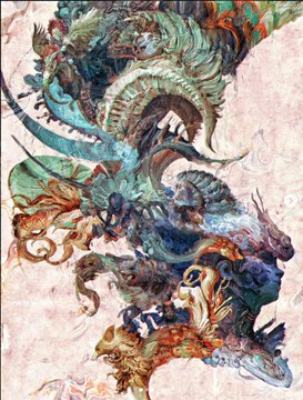 A vibrant, stylized artwork depicting a colorful dragon-like creature with flowing teal, orange, and red scales against a pale pink background.