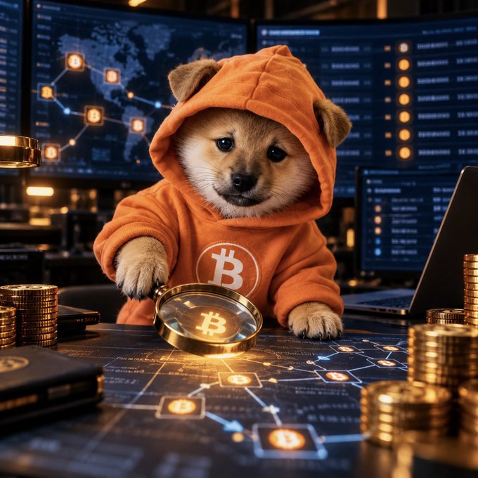 A Shiba Inu puppy wearing an orange Bitcoin hoodie examines a magnifying glass over a Bitcoin coin, surrounded by gold coins and cryptocurrency network displays.