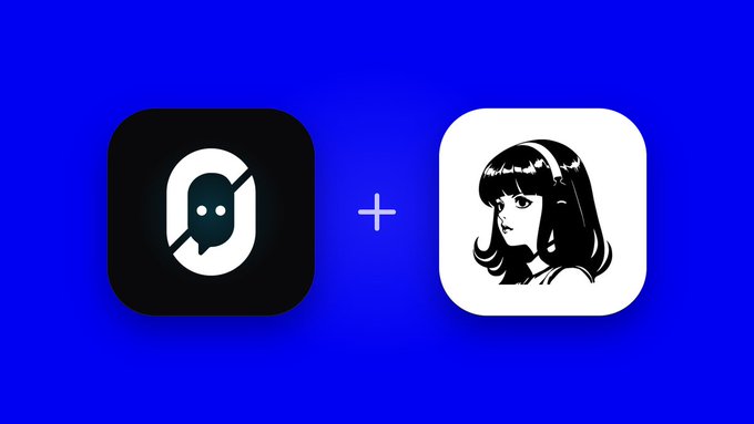 Two app icons on a blue background: a dark icon with a speech bubble design and a white icon featuring an anime-style girl with black hair, separated by a plus sign.