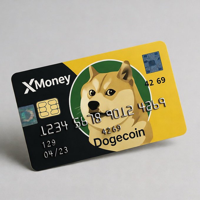 The image features a credit card with a cartoon dog face on it, which has the number "42" printed on it. The text "XMoney" is also present on the card. The caption provided after the image reads: "X Money is $Doge money And $Doge money is the real money". This suggests that the card might be related to cryptocurrency or digital currency, as the name "Dogecoin" is often associated with such forms of digital currency.