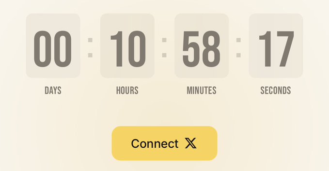 A countdown timer displaying 00 days, 10 hours, 58 minutes, and 17 seconds, with a yellow 'Connect X' button below it on a cream background.