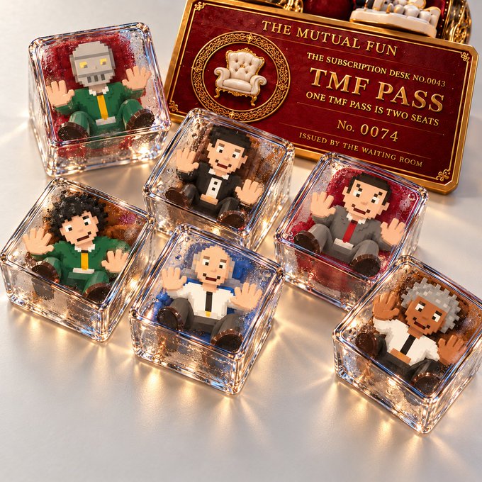 Six pixel-art character figurines encased in clear resin cubes are displayed alongside a red 'THE MUTUAL FUN' TMF PASS ticket (No. 0074), suggesting merchandise for a YouTube group.