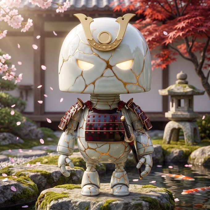 A stylized, chibi-style figurine of a samurai with a kintsugi-cracked white exterior, golden helmet crest, and red armor, standing in a traditional Japanese garden.