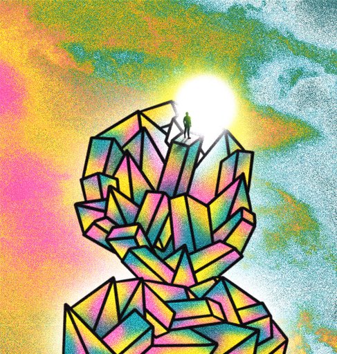 A psychedelic digital illustration shows a small figure standing atop a towering cluster of crystalline geometric shapes, with a bright sun glowing behind them against a colorful grainy sky.