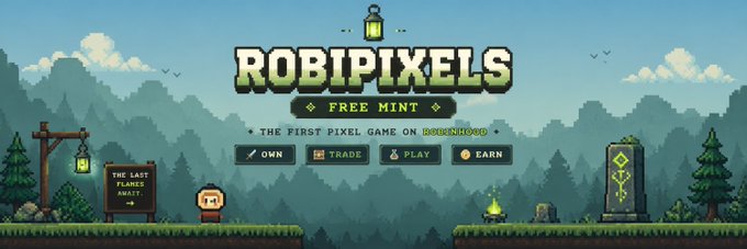 A pixel art banner for 'ROBIPIXELS - FREE MINT' advertises itself as 'THE FIRST PIXEL GAME ON BOUNDHOOD,' featuring buttons for OWN, TRADE, PLAY, and EARN, with a character standing before a lantern-lit forest.