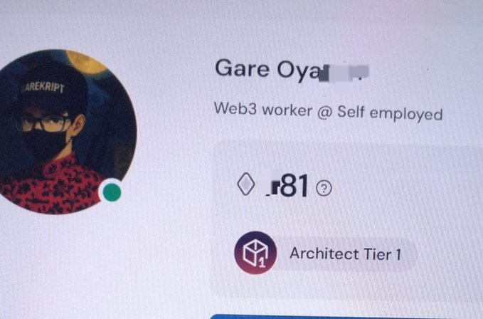 A profile screenshot for a user named "Gare Oya" with a rarity score of 81, described as a "Web3 worker @ Self employed" and holding an "Architect Tier 1" NFT.