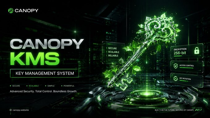 A digital advertisement for "CANOPY KMS KEY MANAGEMENT SYSTEM" features a glowing green ornate key with features including "ENCRYPTION 256-bit," "ACCESS CONTROL," and "KEY ROTATION," with tagline "Advanced Security. Total Control. Boundless Growth."