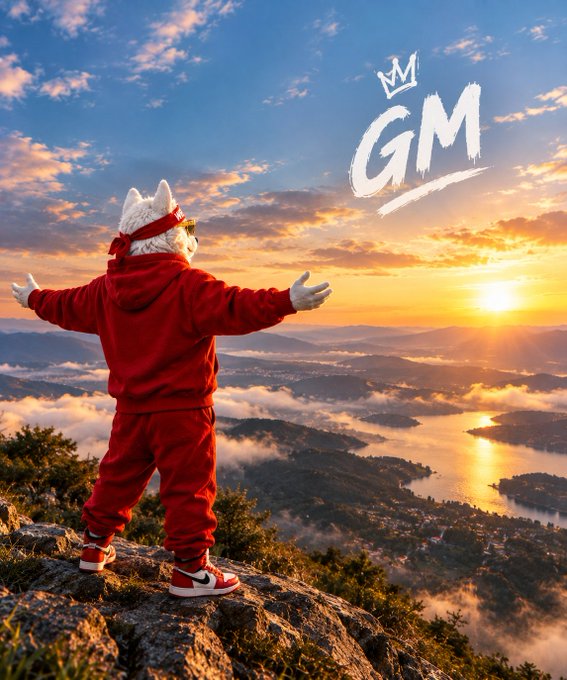 An anthropomorphic white cat mascot wearing a red hoodie and red sneakers stands on a rocky cliff with arms outstretched toward a sunset over a mountainous landscape, with a 'GM' logo and crown in the top right.